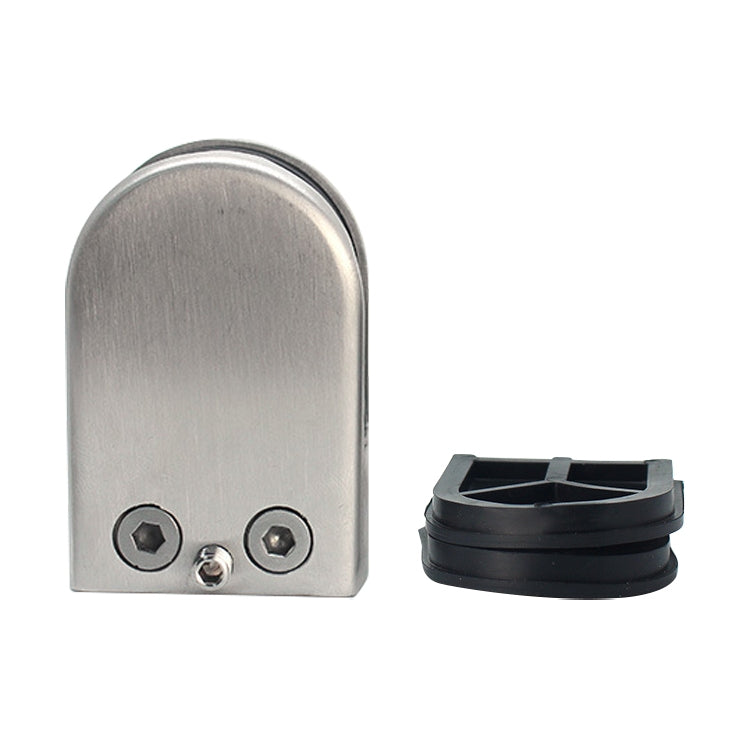Stainless steel fixed glass clamp with two hex screws and black base insert