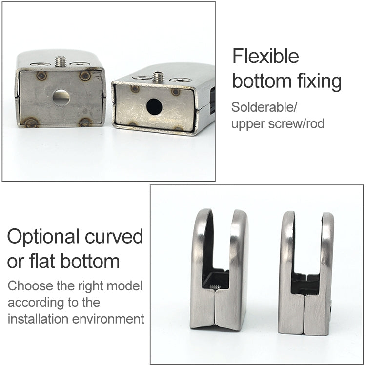 Stainless steel glass railing clamp with flexible bottom fixing and upper screw/rod