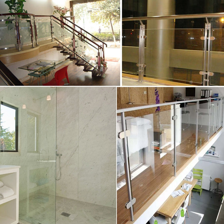 Stainless steel glass railing bracket clamp with black gasket securing clear glass