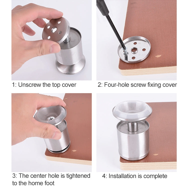 Stainless steel furniture foot installation steps showing top cover and four-hole mounting