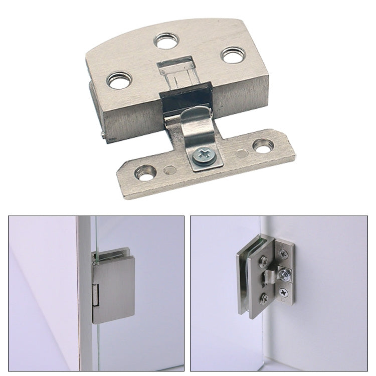 Brushed metal glass hinge clamp with open slot for 8–10mm glass, hinge hardware