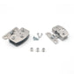 Metal glass hinge hardware set with mounting plates, screws, and small spring components