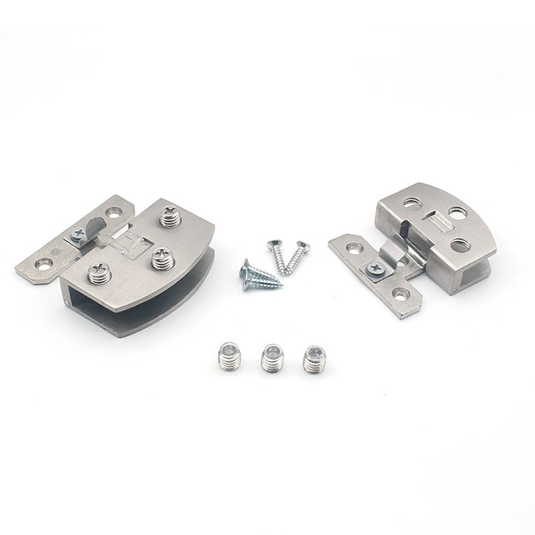 Metal glass hinge hardware set with mounting plates, screws, and small spring components