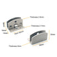 Brushed metal glass hinge with dimension labels: 56mm length and 40mm pitch