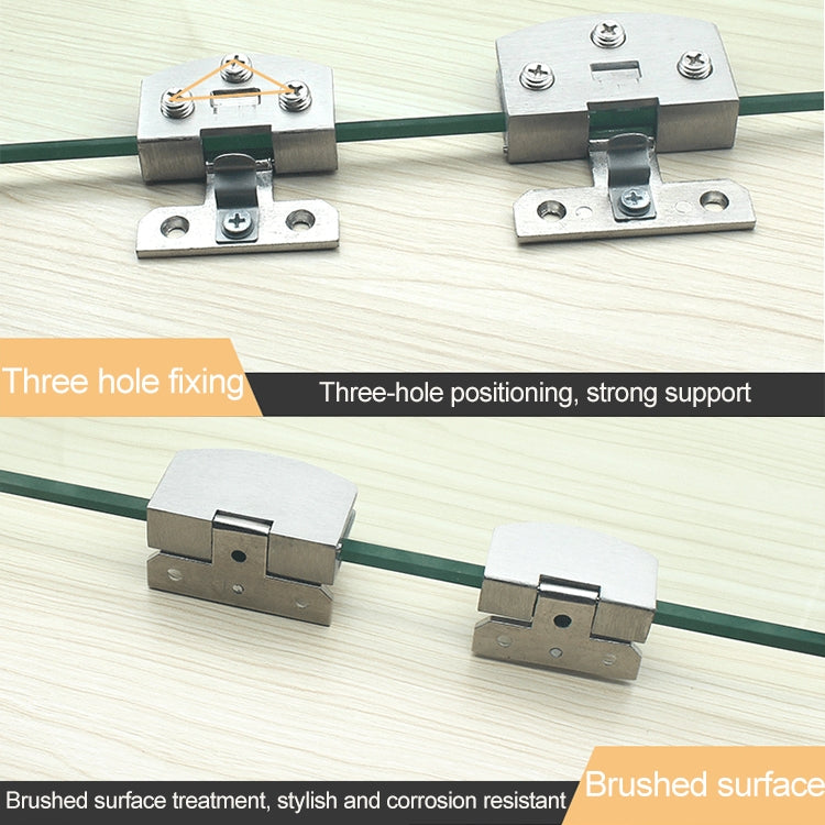Brushed metal glass hinge with three-hole fixing mounting plates and open support bar
