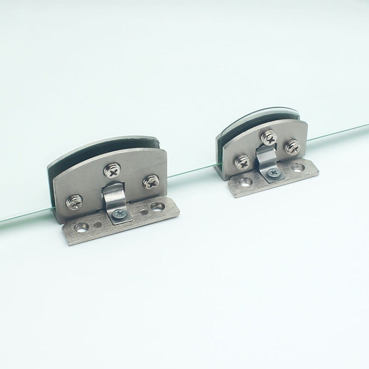 Brushed metal glass hinge in open position with two mounting brackets and screw holes