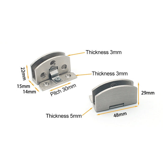 Glass hinge bracket with curved stop and screw mounting points, brushed metal