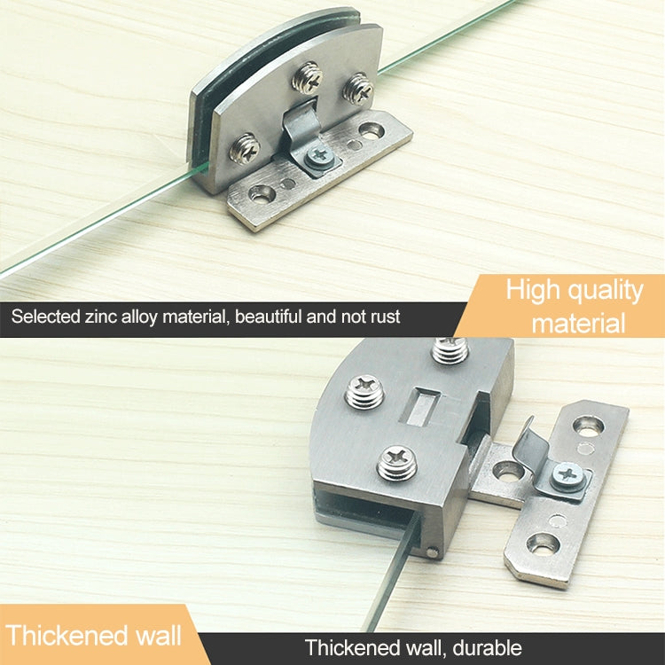 Brushed metal glass hinge with side bracket and mounting screws