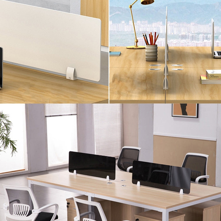White L-shaped desk screen clips mounted under office workbench panels