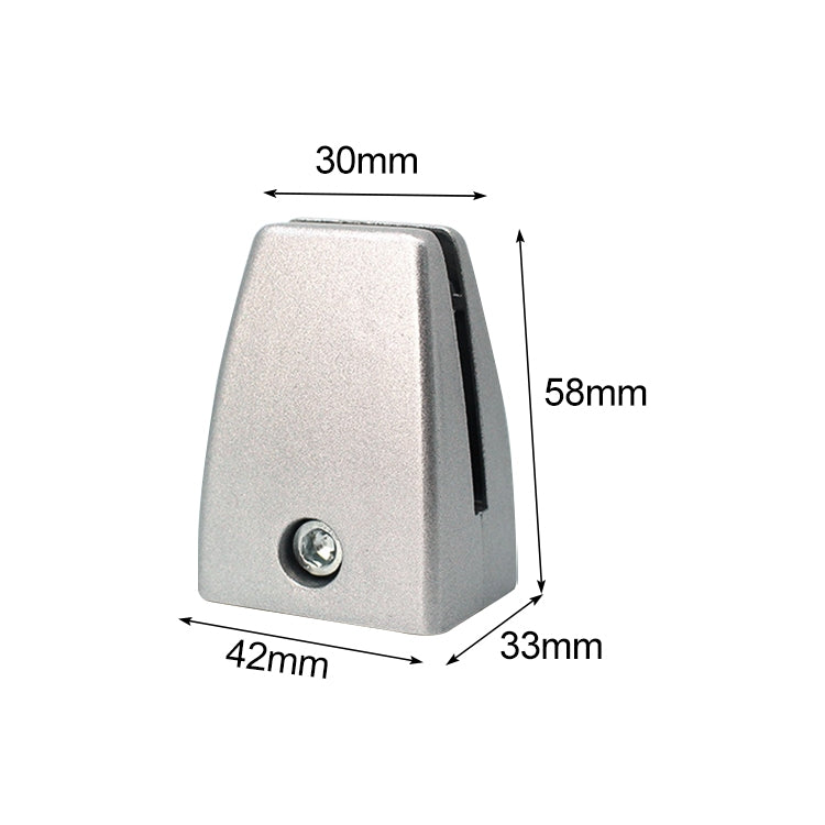 Silver flat aluminum desk partition clip showing side profile and dimensions