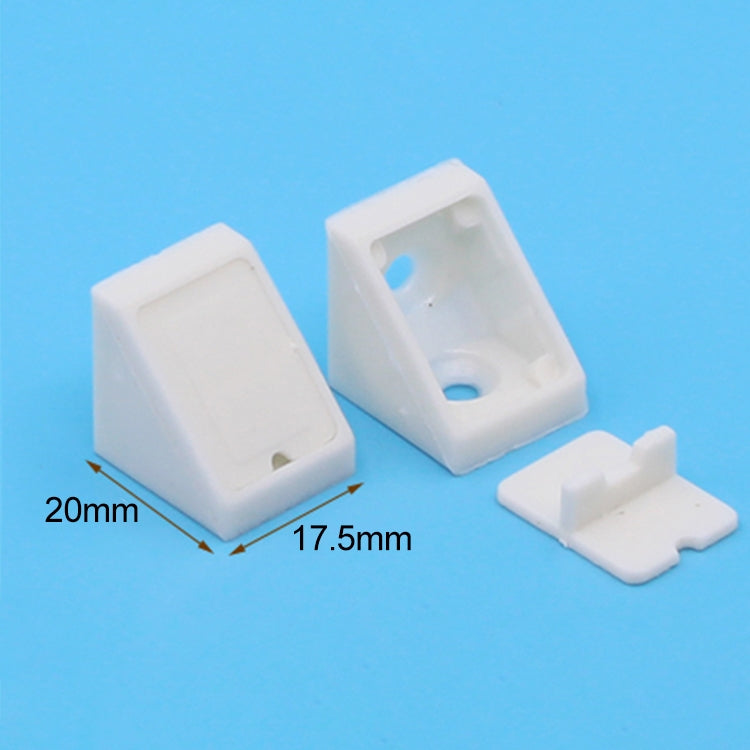 White plastic right-angle corner connectors with cover, about 20mm and 17.5mm