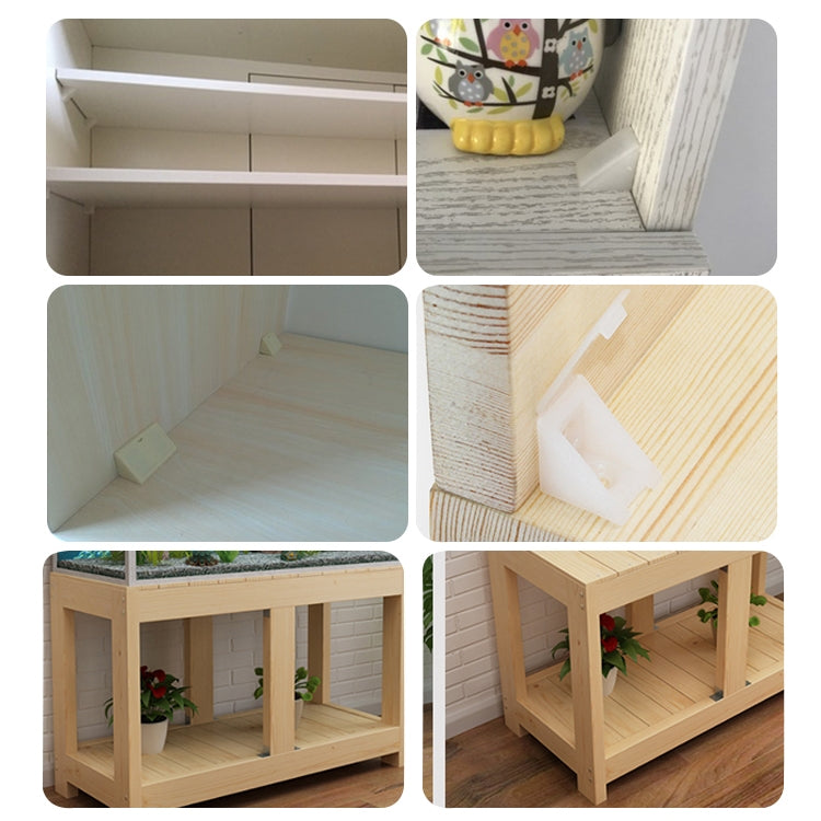 White plastic corner connector bracket with cover joining square wooden boards