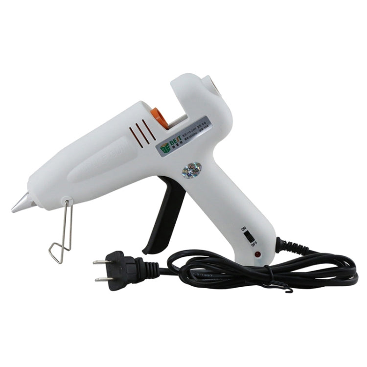 White hot pneumatic glue gun with orange nozzle and black trigger handle