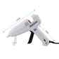 White hot pneumatic glue gun with stand bracket and orange nozzle, side angle view