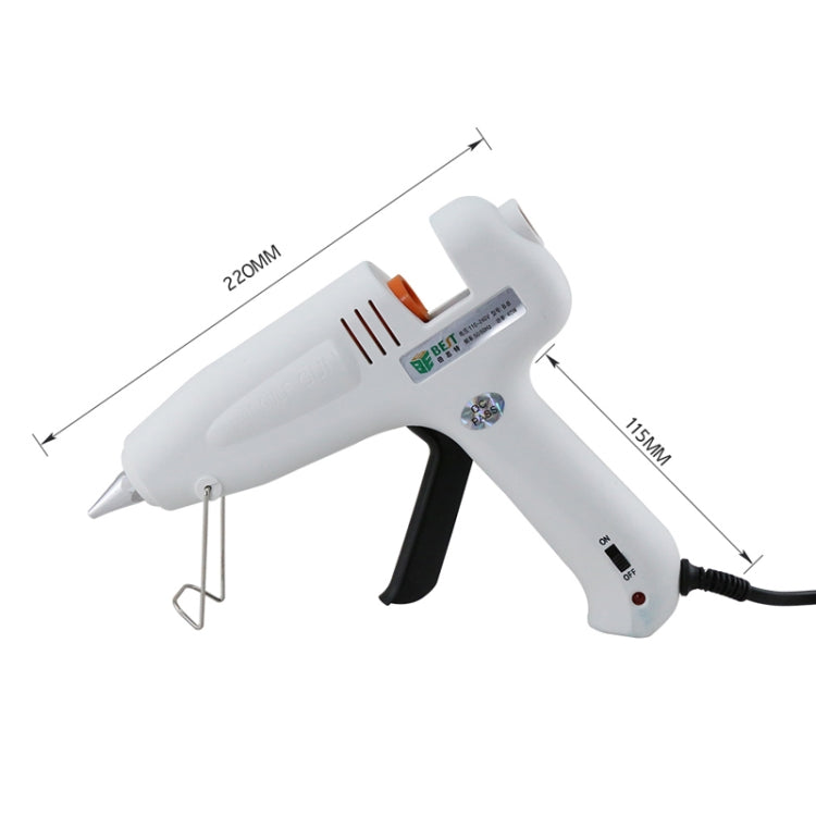 White hot pneumatic glue gun with stand bracket and orange nozzle, side angle view