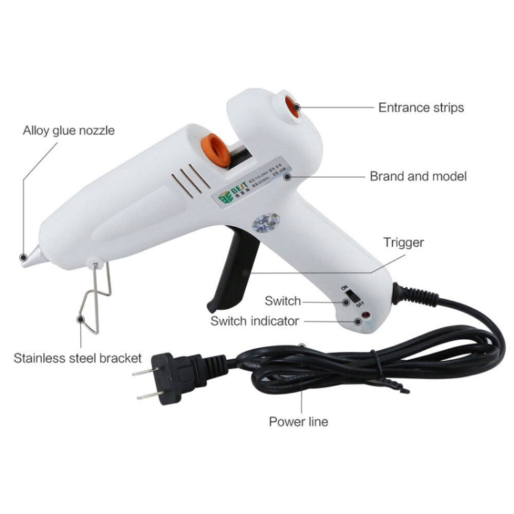 White hot pneumatic glue gun with alloy nozzle, trigger, and attached power cord