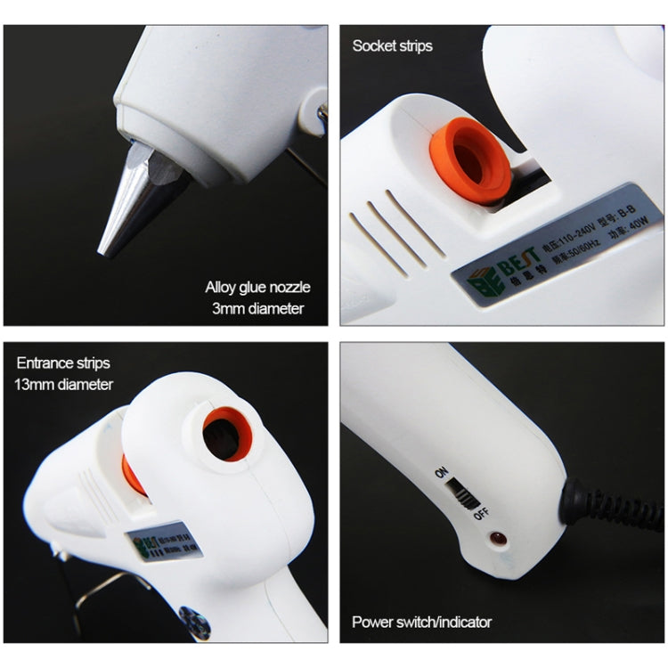 White hot pneumatic glue gun close-ups showing orange inlet and alloy glue nozzle