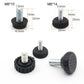 Round leveling foot with threaded screw and visible dimension labels on black base