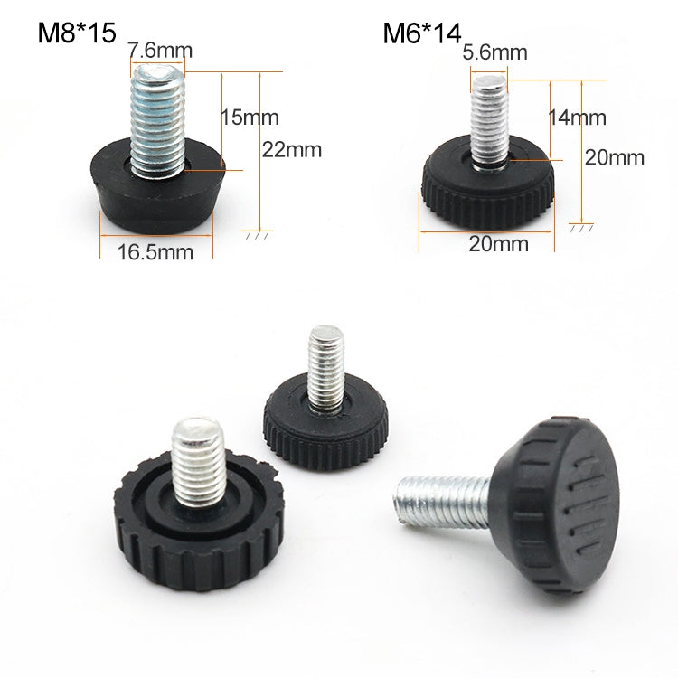Round leveling foot with threaded screw and visible dimension labels on black base
