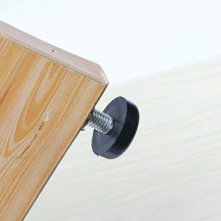 Adjustable leveling foot installed on wooden furniture leg with black rubber pad