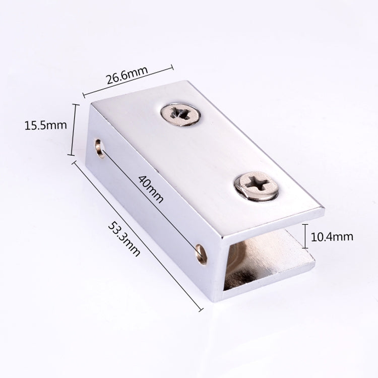Rectangular zinc alloy glass clamp bracket with two screws, shown with size
