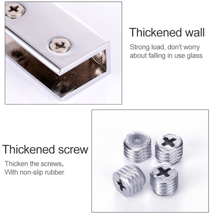 Corner close-up of zinc alloy glass clamp with two anchored screws