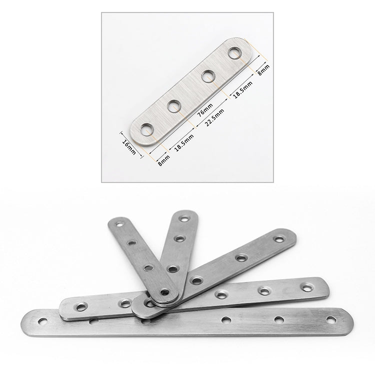 Stainless steel connector plates, straight and angled pieces, multiple screw holes