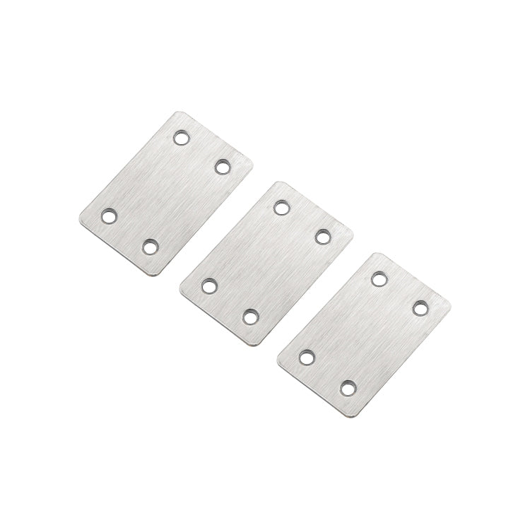 Three brushed stainless steel straight connector plates with two mounting holes each