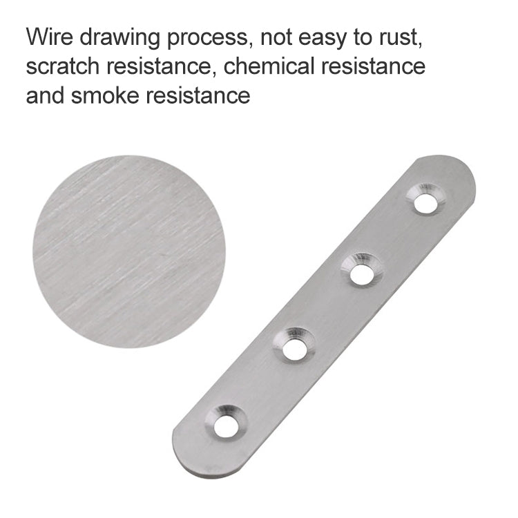 Stainless steel straight connector strip with four mounting holes, brushed surface