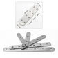 Stainless steel multi-plate corner connector with mounting holes and size diagram