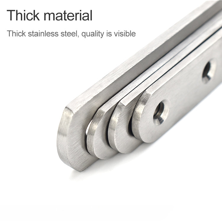Stainless steel thick straight connector plate, close-up of screw holes