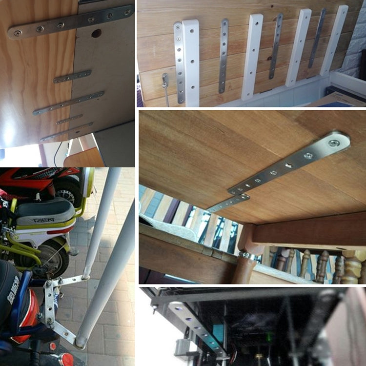 Stainless steel connecting plates mounted under wooden furniture, multiple bolt-hole rows