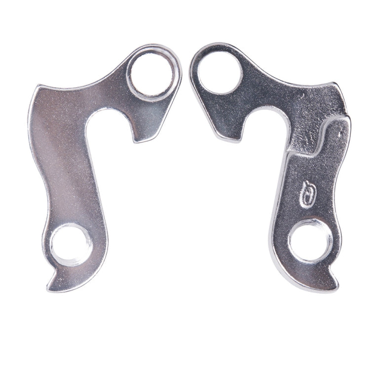 Two alloy rear derailleur tail hook parts with two mounting holes, dark silver finish