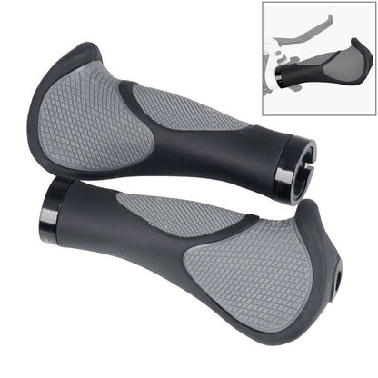Mountain bike handlebar rubber grips, black with gray textured palm pads