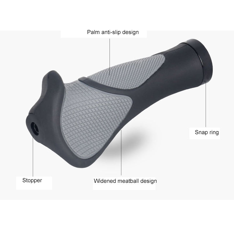 Mountain bike handlebar grip with anti-slip textured palm pad and snap ring end