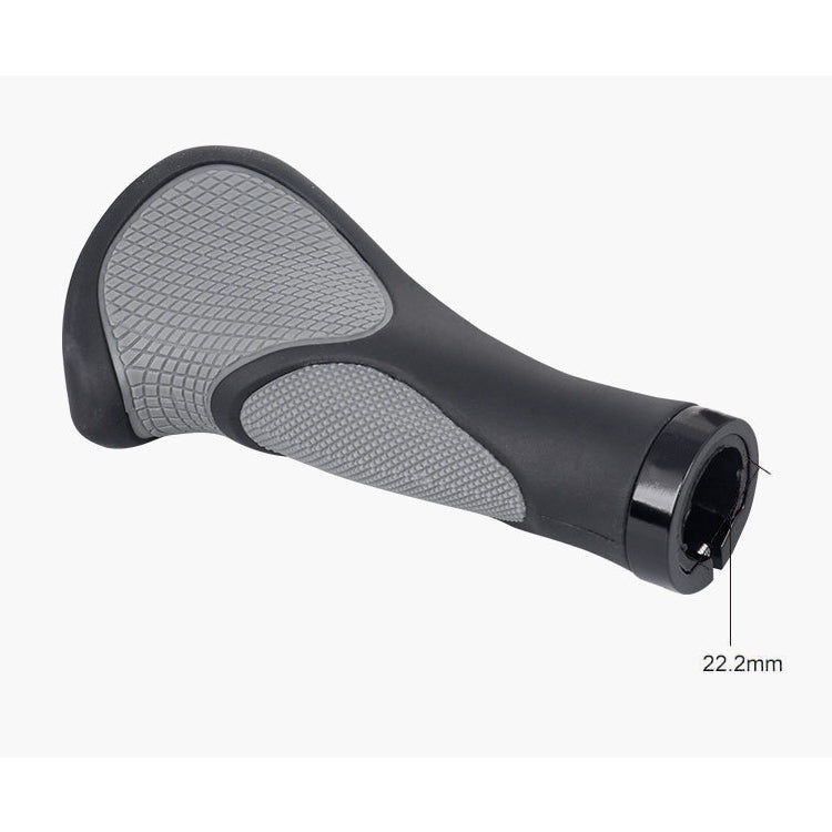Mountain bike handlebar grip, textured gray grip pad on black rubber with end opening