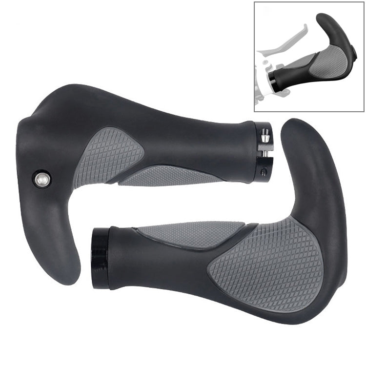 Black rubber mountain bike handlebar grips with gray anti-slip pads and horn mount.