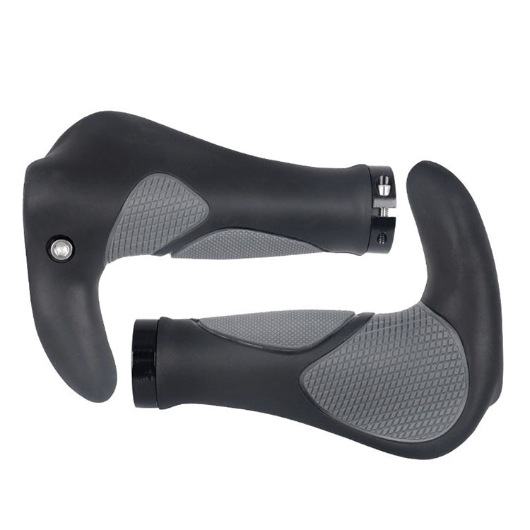 Pair of black rubber mountain bike handlebar grips with textured gray palm pads and horn.
