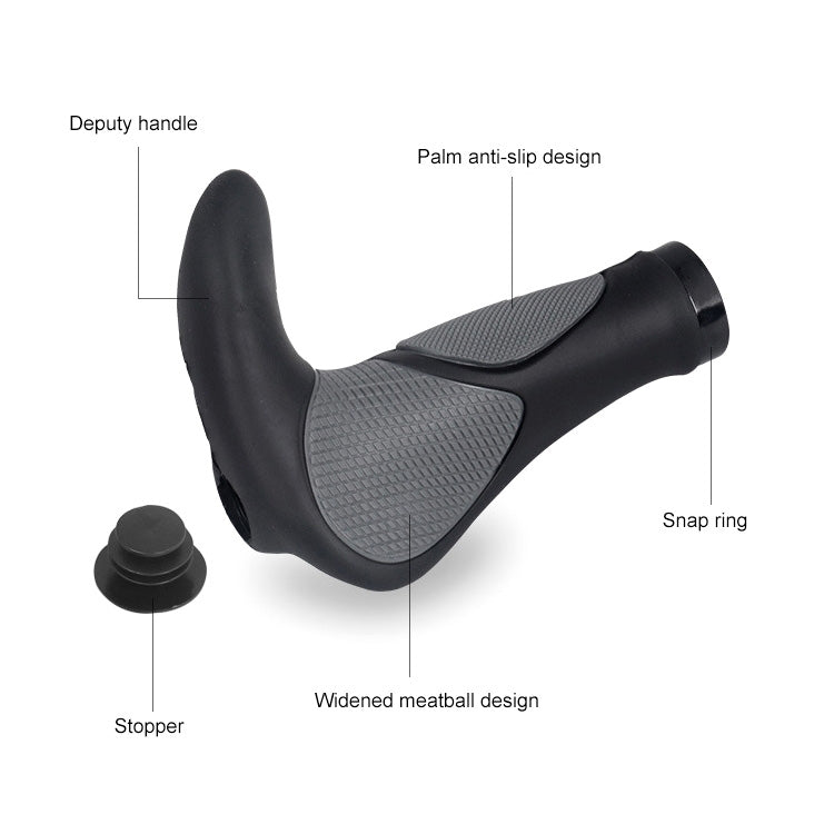 Black bicycle handlebar grips with anti-slip textured pads, horn, and snap ring.