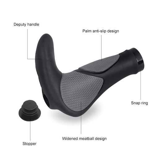 Black bicycle handlebar grips with anti-slip textured pads, horn, and snap ring.