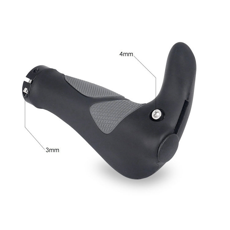 Black rubber handlebar grips with textured gray sections and adjustable horn end caps.