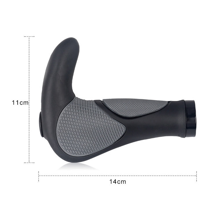 Black bicycle handlebar grip with gray textured palm pad and end cap, horn version.