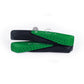Green and black bicycle brake pads with ventilation holes, side view