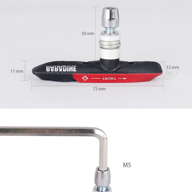 Red and black bicycle brake pad set with threaded pin and size diagram