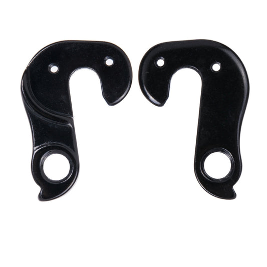 Alloy rear derailleur tail hook plates, black, with mounting holes and circular bushing