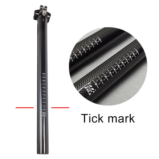 Black carbon fiber seatpost with marked insertion line near clamp