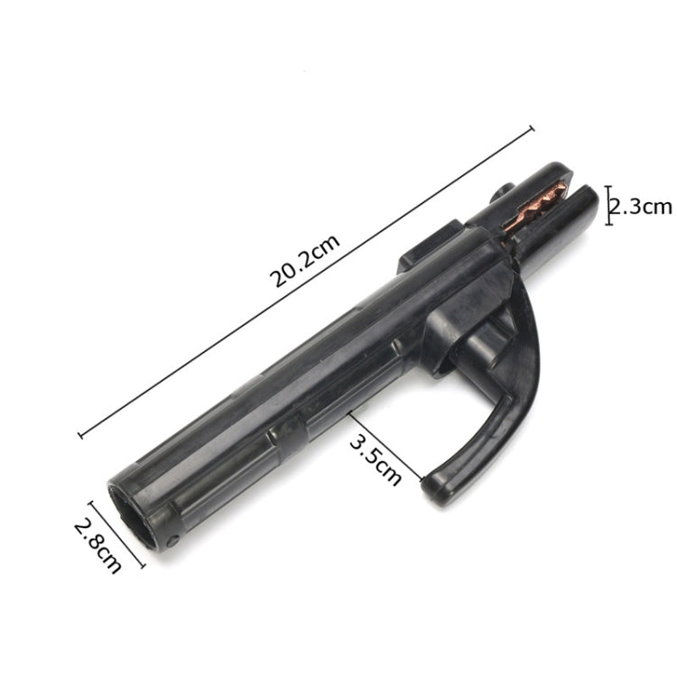 Black welding clamp electrode holder with curved grip and copper contact
