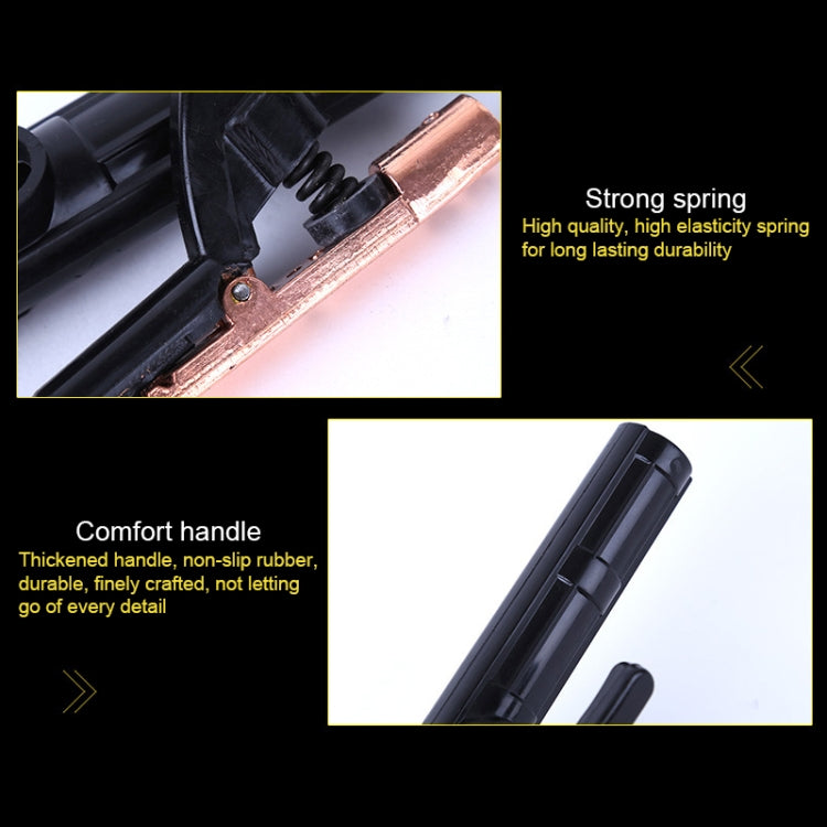 Black welding clamp electrode holder close-up of copper contact and spring