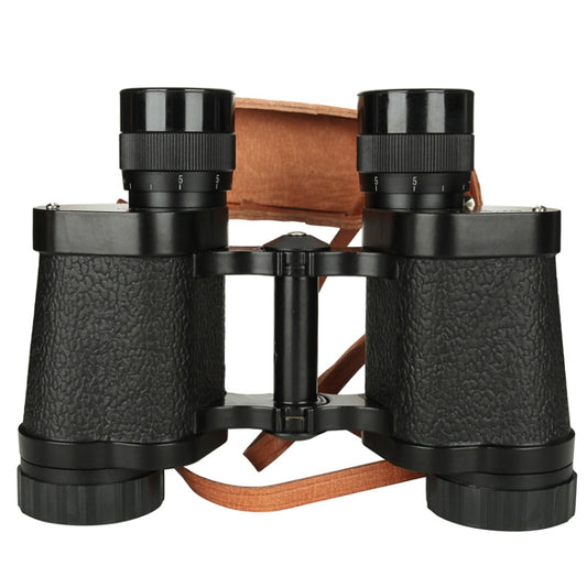 Black binocular telescope with carrying strap and central focus knob