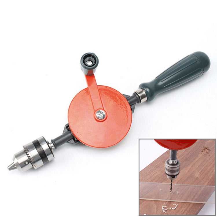 Manual hand drill with orange disc and dark green handle, steel bit chuck